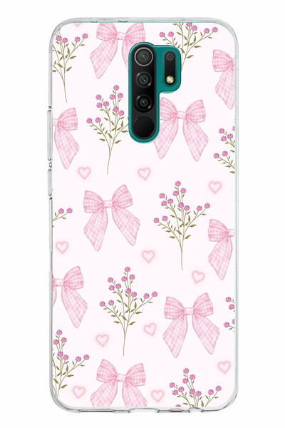 TechTree Redmi 9 Uyumlu Pembe Çiçek ve Fiyonklar Şeffaf Silikon Kılıf