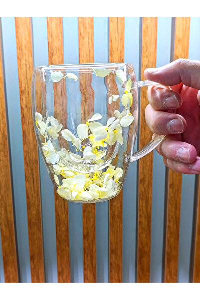 isometric 2 Adet Gerçekçi Çiçek Tasarım Çift Cidarlı Cam Kupa, Sıcak ve Soğuk İçecek Bardağı 350 ml