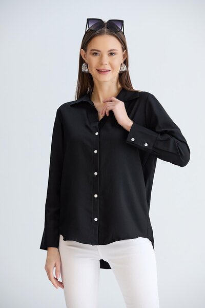 Sortie Women's Black Color Long Sleeve Relaxed Fit Midi Length Front Short Back Long Cuffed Linen Shirt