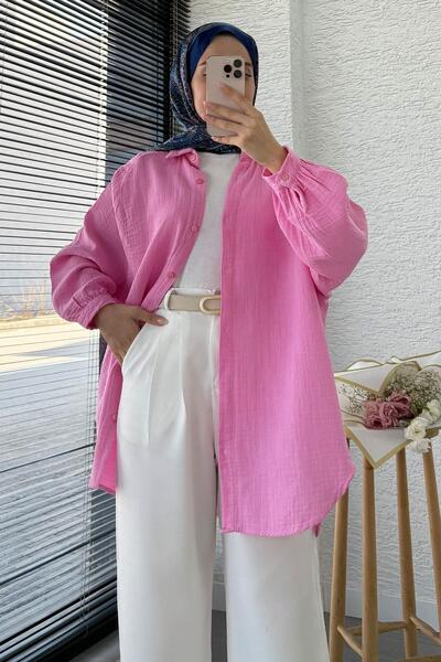 MELEK ARAZ Oversized Muslin Tunic with Buttons – Pink
