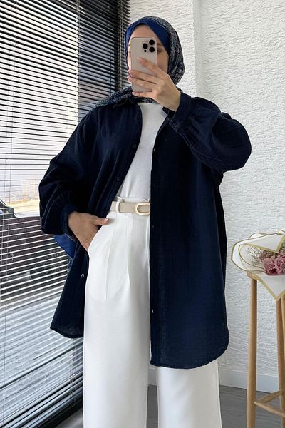 MELEK ARAZ Oversized Muslin Tunic with Buttons – Navy Blue