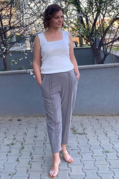 Mia Butik بنطلون الجزر الكتان الرمادي للمرأة