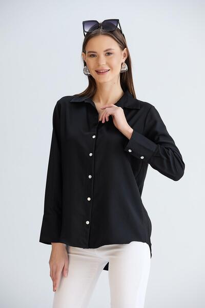 Sortie Women's Black Color Long Sleeve Relaxed Fit Midi Length Front Short Back Long Cuffed Linen Shirt