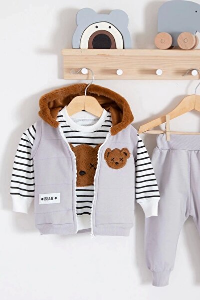 Babydonat Baby Boy 3-Piece Plush Teddy Bear Embroidered Tracksuit Set - Hooded Vest