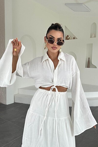 Eswomes Spanish Sleeve Tie Blouse Skirt Suit White