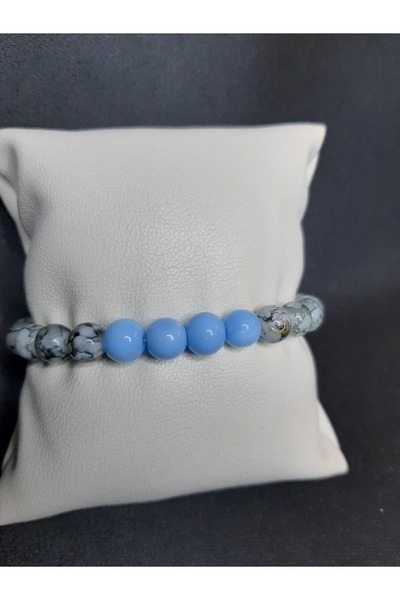 MRYart Gray Granite Pattern and Blue Plain Color Glass Beads Bracelet