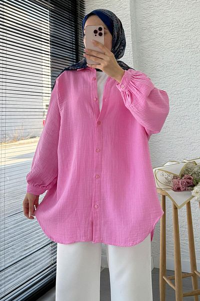 MELEK ARAZ Oversized Muslin Tunic with Buttons – Pink
