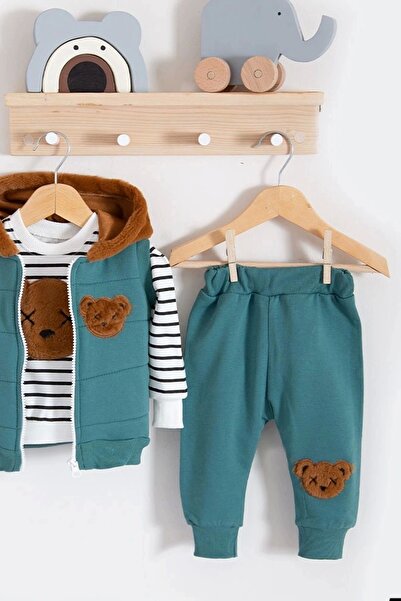 Babydonat Baby Boy 3-Piece Plush Teddy Bear Embroidered Tracksuit Set - Hooded Vest