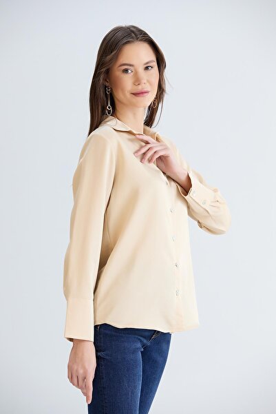 Sortie Women's Beige Color Long Sleeve Relaxed Fit Midi Length Front Short Back Long Cuffed Linen Shirt