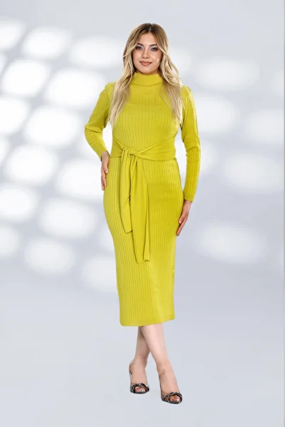 NEWCO Short Knitwear Casual Dress with Self Belt Straight Line Design Fashionable and Moderen