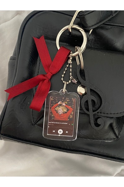 bettymettys Girl in Red with Music Note and Ribbon We Fell in Love in October Bag Charm Keychain