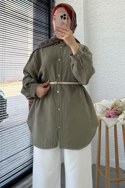 MELEK ARAZ Oversized Muslin Tunic with Buttons – Khaki