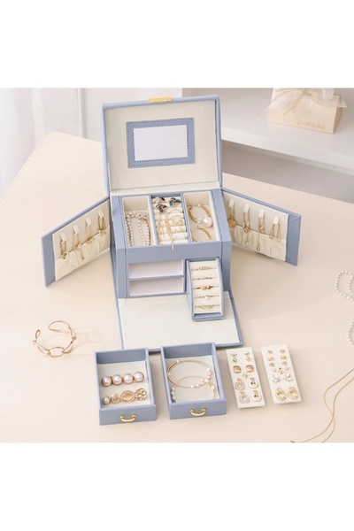 newnet Jewelry Box Makeup Table Top with Lock - Matte Blue Leather Covered - Gold Jewelry& Jewellery Organizer Mdl13