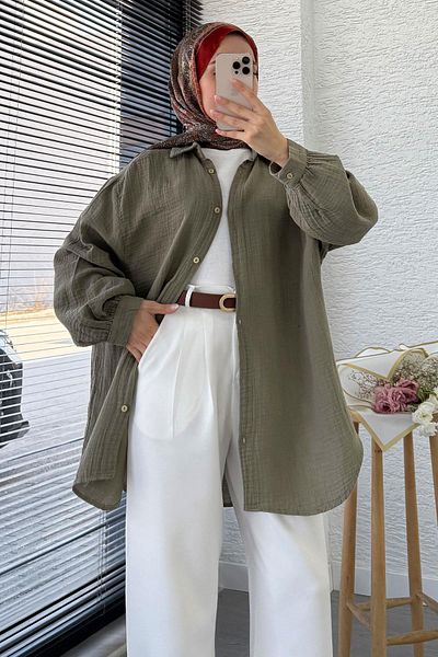 MELEK ARAZ Oversized Muslin Tunic with Buttons – Khaki