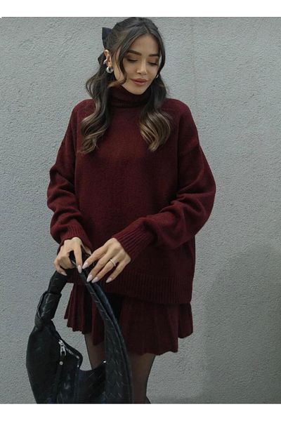NZL TEKSTİL Dgn's 2-Piece Pleated Skirt - High-Necked Sweater Women's Knitwear Skirt Bottom Top Set
