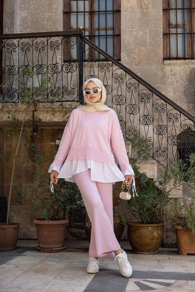 Hazamoda طقم تريكو بتفاصيل قميص Turuva باللون الوردي