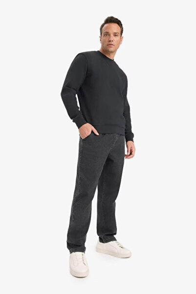 DeFacto 100% Cotton Regular Fit Crew Neck Anthracite Men's Sweatshirt E8339Ax/Ar235