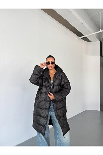 QUASAR Fashion Yeni Sezon Oversize Kalıp Siyah Şişme Uzun Mont
