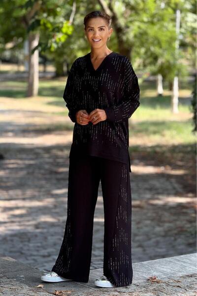 Nevin Kaya Moda Black V-Neck Spreading Stone Double Suit