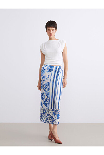 LC Waikiki Mixed Waist Zippered Floral Slit Satin Skirt