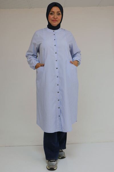 Eslina 48072-1 Plus Size Tunic with Elastic Sleeves - Striped Blue
