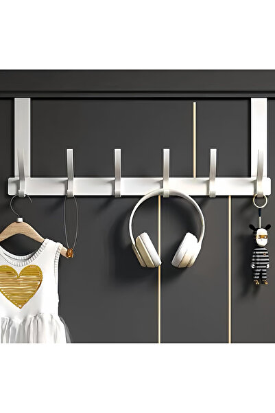 Bosdontek Cuier metalic negru cu 6 cârlige, lungime 40 cm, pentru agățare pe tocul ușii, fără găurire, alb