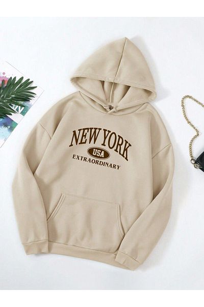 DEEPSENCE Unisex Beige Hooded Oversize Swetashirt New York Coffee Color Printed Design
