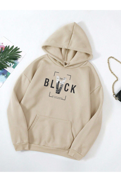 DEEPSENCE Unisex Beige Hooded Oversize Sweatshirt the Black Printed Design