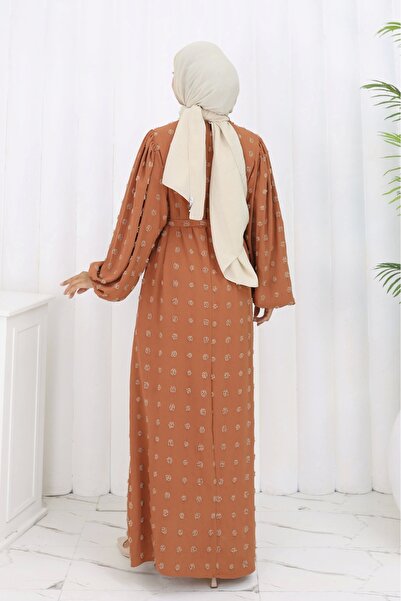 Moda MSK Φόρεμα με λεπτομέρεια Pompom και ζώνη καφέ