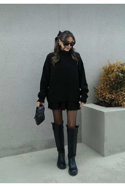 NZL TEKSTİL Dgn's 2-Piece Pleated Skirt - High-Necked Sweater Women's Knitwear Skirt Bottom Top Set