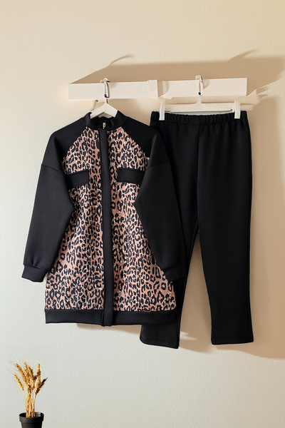MODAQU Leopard Patterned Zippered Double Puff Scuba Suit - Black
