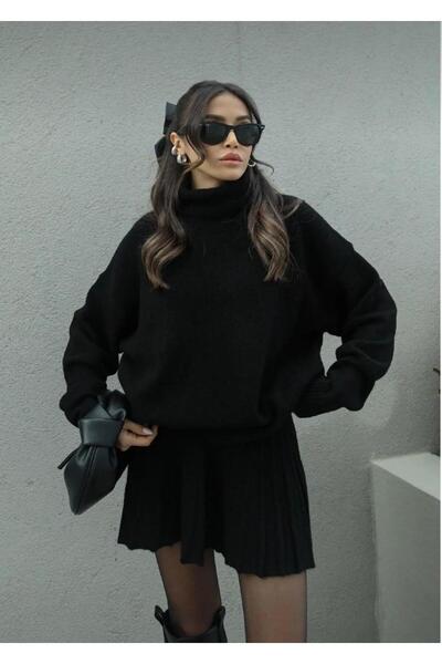 NZL TEKSTİL Dgn's 2-Piece Pleated Skirt - High-Necked Sweater Women's Knitwear Skirt Bottom Top Set