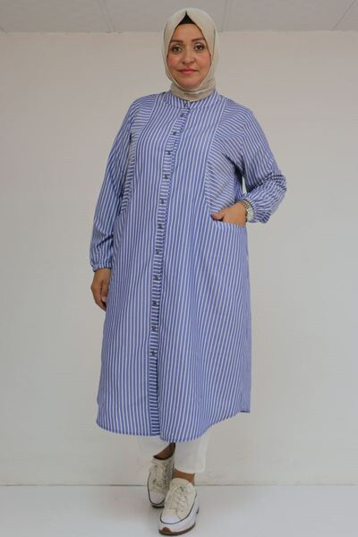Eslina 48072-1 Large Size Tunic with Elastic Sleeves - Navy Blue Striped
