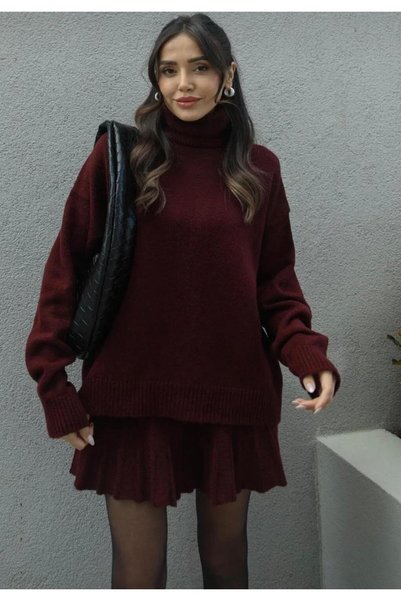 NZL TEKSTİL Dgn's 2-Piece Pleated Skirt - High-Necked Sweater Women's Knitwear Skirt Bottom Top Set