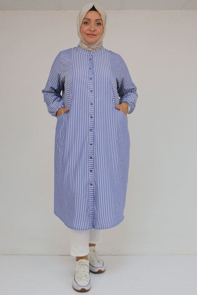 Eslina 48072-1 Large Size Tunic with Elastic Sleeves - Navy Blue Striped