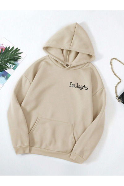 DEEPSENCE Unisex Beige Hooded Oversize Swetashirt Los Angeles Minimal Printed Design