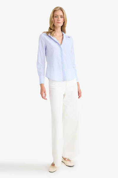 DeFacto Fitted Striped Poplin Light Blue Women's Shirt D3172Ax/Be366