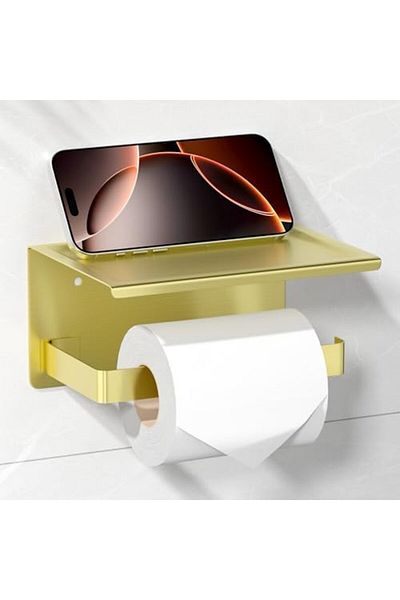 OEMN HITSLAM Toilet Paper Holder without Drilling, Brushed Brass, Self-Adhesive with Shelf Roll Holder, S