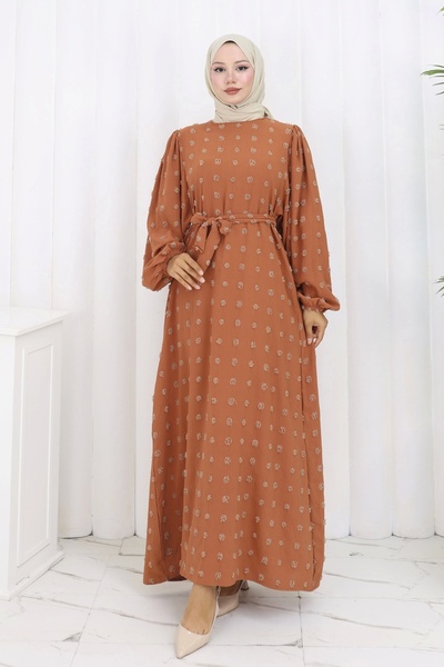 Moda MSK Pompom Detailed Belted Dress Brown