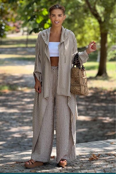 Nevin Kaya Moda Cream Color Pants Cap Double Set