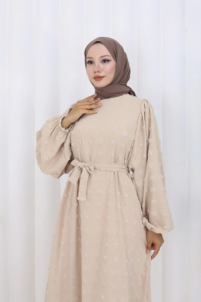 Moda MSK Pompom Detailed Belted Dress Beige