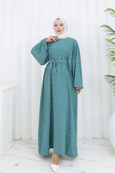 Moda MSK Pompom Detailed Belted Dress Turquoise