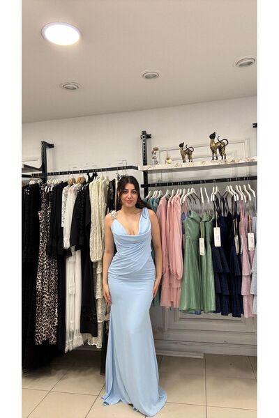 SUNAYBUTİK BEBE MAVİSİ SIRT DETAYLI DEGAJE YAKA ABİYE