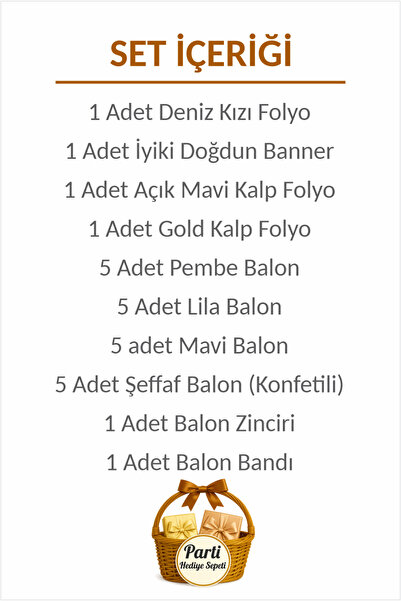 parti hediye sepeti Deniz Kızı Folyo Balon Seti | İyi Ki Doğdun Banner & Kalp Balon Parti Süsleri