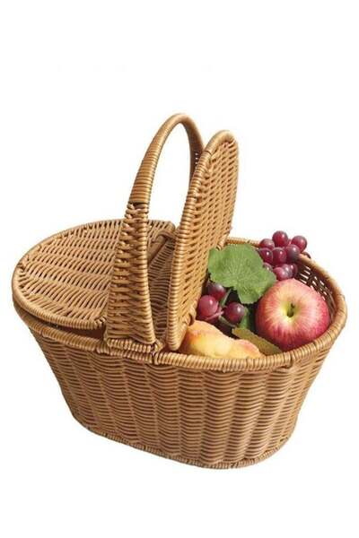 Generic Handmade Wicker Picnic Basket with Handle Oval Double Lidded Rattan P...