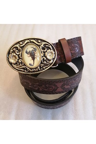 Butik Tülin Unisex Authentic Faux Leather Coffee Flower Printed Gold Floral Scorpion Stone Cowboy Buckle Belt
