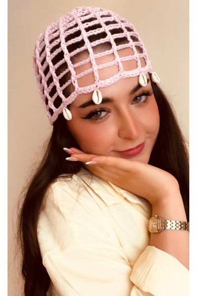 Zess store Bohemian Knitted Gold Charm Detailed Mesh Beret Party Bandana Hat