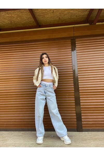 kleshus Ela Mavi Kar Yıkama Likralı Süper Yüksek Bel Salaş Paça Jeans Palazzo...