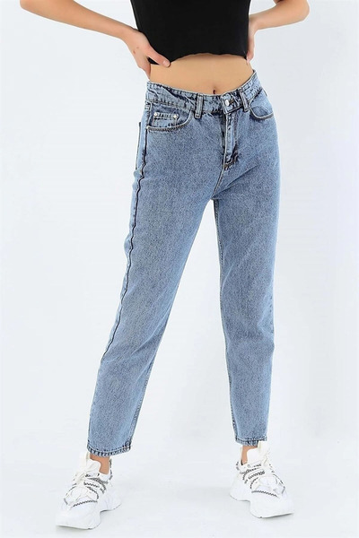 kleshus Heidi Snow Blue Mom Jeans ليكرا عالي الخصر أزرق ثلجي قابل للغسل Mom J...