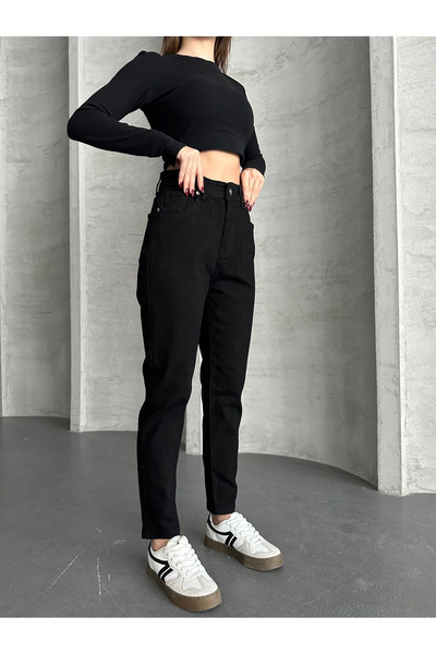 kleshus بنطلون جينز ليكرا مام جينز أسود عالي الخصر 2025 Kles